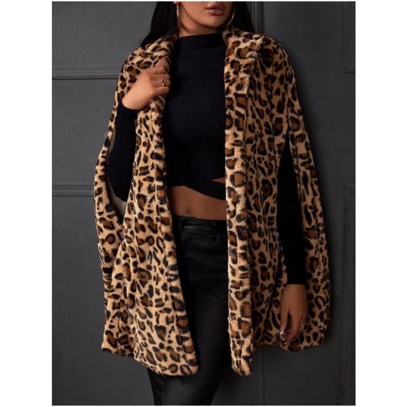 BellanBlue Jackets & Blazers - Camel Brown Leopard Print Teddy Faux Fur Cape Jacket